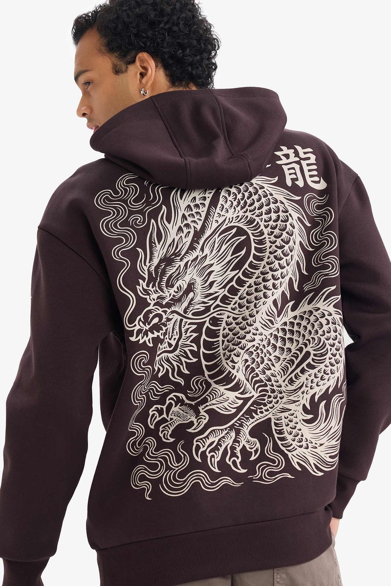 DeFacto Brown Man Boxy Fit Printed Long Sleeve Hoodie Casual - Image 1